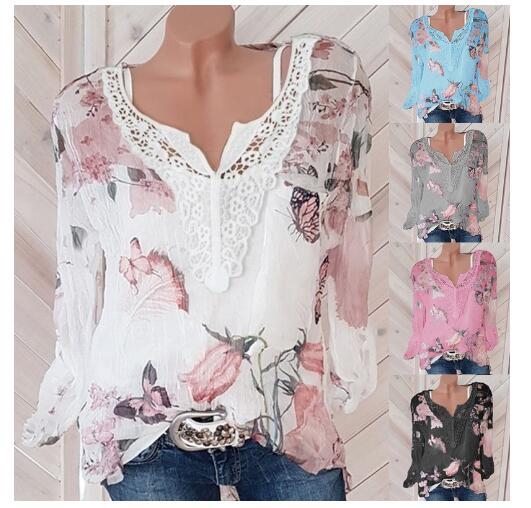 zwiewna bluzka szyfonowa z koronkowym dekoltem